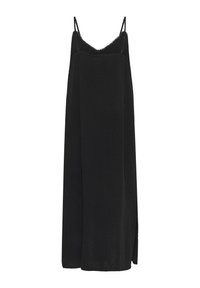 Robe longue noire sans manches avec fines bretelles et dentelle subtile à l'encolure, avec une fente latérale.