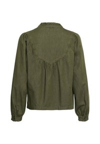 Blouse vert olive à manches longues avec détails froncés, empiècement en V, col à volants et poignets boutonnés, vue de dos.