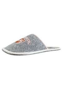 Gray felt slipper with a rounded toe, white stitching, and a brown logo. Soft texture, simple design, lightweight construction.