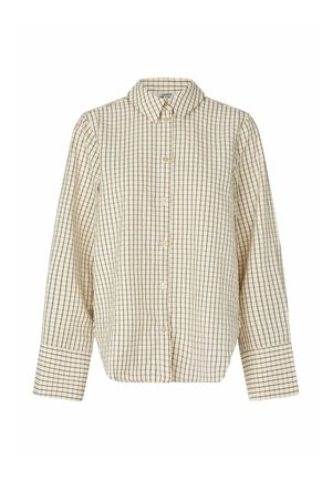 Beež pikka varrukaga särk, millel on pruun ruuduline muster, ees nööbitav, terava kraega ja laiad varrukamansetid.