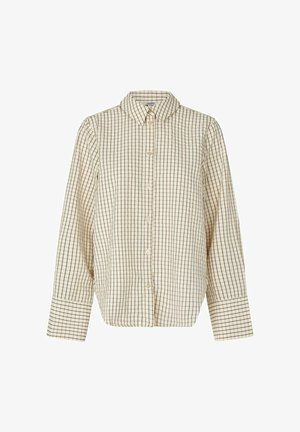 Beež pikka varrukaga särk, millel on pruun ruuduline muster, ees nööbitav, terava kraega ja laiad varrukamansetid.