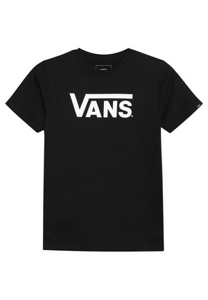 Black cotton t-shirt featuring a prominent white "VANS" logo across the chest. Classic crew neck and short sleeves.