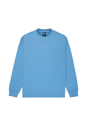 Blauwe sweatshirt van zachte stof, met een ronde halslijn, lange mouwen, geribbelde manchetten en een klein logo op de borst.