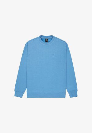 Blauwe sweatshirt van zachte stof, met een ronde halslijn, lange mouwen, geribbelde manchetten en een klein logo op de borst.