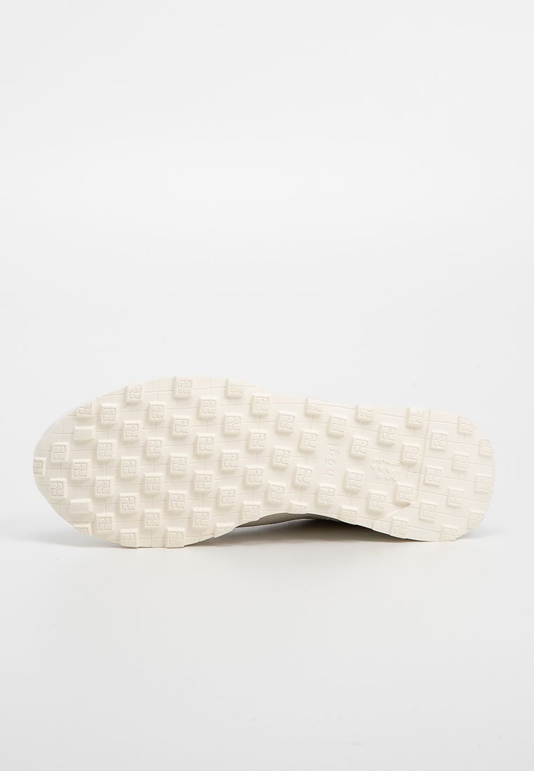 Suola di sneaker bianca con superficie in gomma testurizzata, con un motivo a griglia per una migliore trazione. Nessun marchio o segni distintivi visibili.