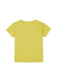 Żółta koszulka z krótkim rękawem i okrągłym dekoltem, wykonana z miękkiej bawełnianej tkaniny. Prosty krój bez dodatkowych detali czy wzorów.
