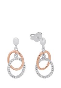 Pendientes de aro de plata y oro rosa con dos aros ovalados entrelazados, uno adornado con pequeñas piedras preciosas transparentes.