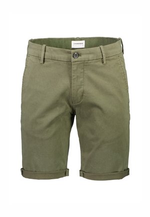 Olijfgroene shorts van katoenen stof, met een knoopsluiting, riemlussen en opgerolde manchetten. Glad oppervlak zonder zichtbare patronen.