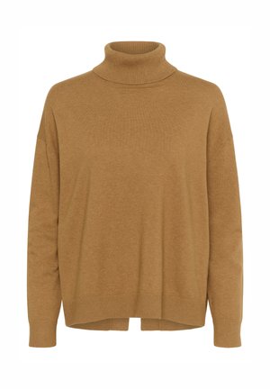 Smeđi džemper s rolkom, mekanog tekstura, širokog kroja, rebrasti manšeti i rub. Jednostavan dizajn, bez uzoraka ili vidljive opreme.