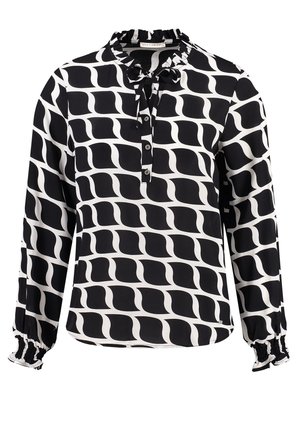 Zwart-witte blouse met lange mouwen, patroon, gerimpelde kraag, knoopsluiting aan de voorkant en elastische manchetten.