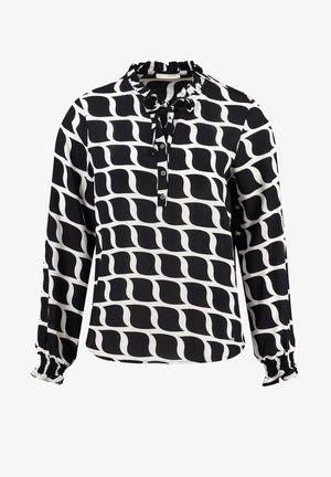Blouse à manches longues noire et blanche à motifs, avec col à volants, patte de boutonnage sur le devant et poignets élastiques.