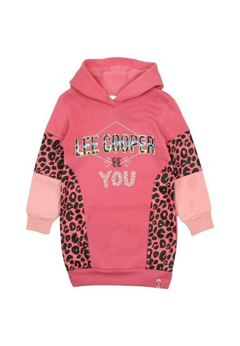 Rosa huvtröja med leopardmönstrade ärmar och grafisk text "LEE COOPER BE YOU." Mjuk tyg, avslappnad passform, ribbade cuffs vid ärmarna.