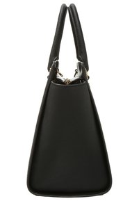 Sac à main en cuir noir avec une forme triangulaire structurée, doté de deux poignées et d'une fermeture éclair en haut. Texture lisse et accents en métal doré.