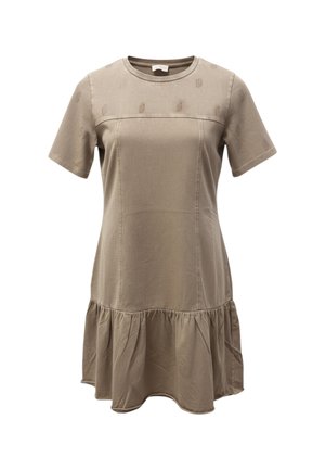 Abito corto beige a maniche corte con scollo rotondo, motivo testurizzato sottile sulla parte superiore del petto e delle maniche, e orlo arricciato.