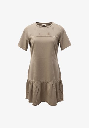 Abito corto beige a maniche corte con scollo rotondo, motivo testurizzato sottile sulla parte superiore del petto e delle maniche, e orlo arricciato.