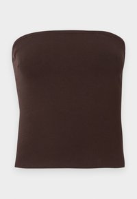 Brun strapless topp i ribbat tyg. Slät yta med en åtsittande form och rena kanter. Inga synliga logotyper eller mönster.