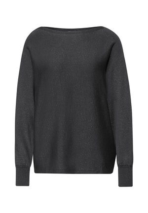 Suéter negro de manga larga con un amplio escote barco, tejido texturizado con un ligero brillo y puños ajustados en las muñecas.