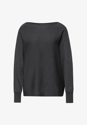 Suéter negro de manga larga con un amplio escote barco, tejido texturizado con un ligero brillo y puños ajustados en las muñecas.