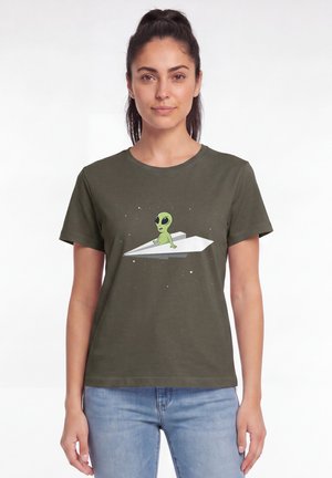 watapparel, ALIEN ON A PAPER PLANE - T-shirt imprimé - khaki