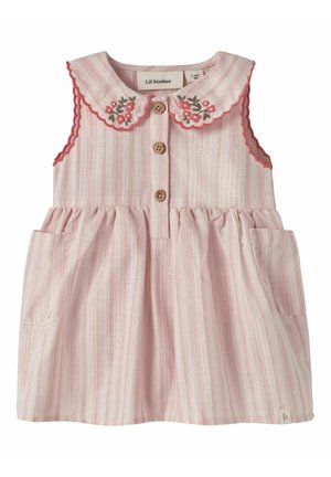 Ärmelloses Baby-Kleid in rosa und weiß gestreift mit wellenförmigem Kragen, Blumenstickerei, Holzknöpfen und Seitentaschen.