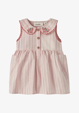 Ärmelloses Baby-Kleid in rosa und weiß gestreift mit wellenförmigem Kragen, Blumenstickerei, Holzknöpfen und Seitentaschen.