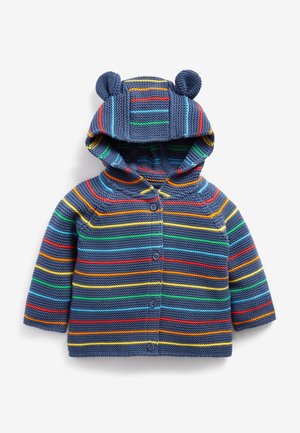 Cardigan bébé tricoté bleu avec des rayures horizontales multicolores, fermeture par boutons, capuche et petites oreilles en tissu sur la capuche.