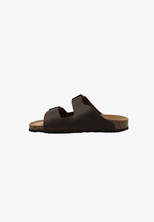 Sandalo infradito in pelle marrone scuro con due cinturini regolabili, plantare in sughero e suola in gomma nera, mostrato di profilo su sfondo bianco.