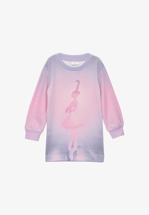 Bluza z długim rękawem w pastelowym różu i lawendzie. Na środku znajduje się sylwetka baletnicy. Miękka tkanina z okrągłym dekoltem i ściągaczami na mankietach.