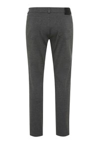 Pantaloni grigi con una trama liscia, caratterizzati da due tasche posteriori e un design slim fit. La vita presenta una piccola etichetta con logo sul retro.