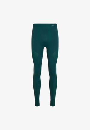 Dunkelgrüne nahtlose Leggings mit dezenten strukturierten Einsätzen an den Oberschenkeln und einem Markenbund.