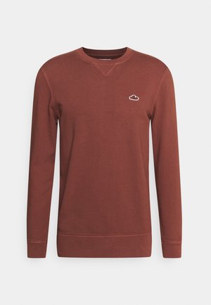 Ruskea huppari, jossa on pitkät hihat, ribbireunukset hihansuissa ja helmassa, pyöreä kaula-aukko sekä pieni valkoinen pilvimerkki rinnan alueella.