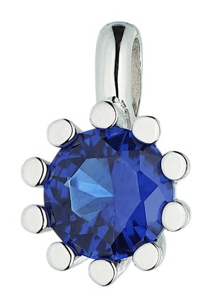 Round blue gemstone secured by eight silver prongs with a polished silver bail for attaching to a necklace or bracelet.