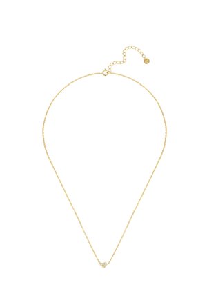 Collana sottile con catena d'oro con piccolo ciondolo a tre pietre di cristallo e chiusura regolabile con catena di estensione.