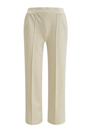 Beige wide-leg trousers with a smooth texture, featuring a high waistband and two front pockets, designed with neat pleats for shaping.
