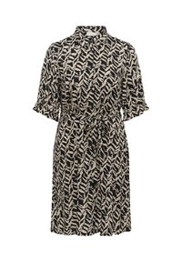Short-sleeve, knee-length dress in black and beige with a leaf print, featuring a collar and a waist tie for adjustable fit.