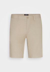 Beige shorts van een textuurstof met een subtiele ruitpatroon. Voorzien van een standaard tailleband en een enkele knoopsluiting.