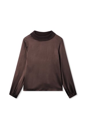 Maglia marrone a maniche lunghe con colletto alto a coste, texture liscia e maniche sagomate. Design semplice senza motivi o accessori visibili.