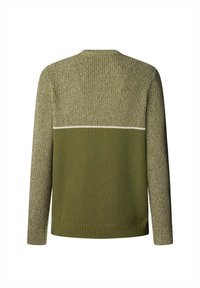 Knit pulover z teksturiranim olivno zelenim telesom, ki ima svetlejši zeleni zgornji del s paneli in belo vodoravno črto. Dolgi rokavi.