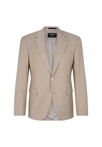 Beige Blazer aus strukturiertem Stoff, mit Reverskragen, zwei Knöpfen und zwei vorderen Taschen. Das Innenfutter ist hell gefärbt.