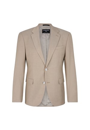 Beige blazer made of textured fabric, featuring a notched lapel, two buttons, and two front pockets. Inner lining is light-colored.