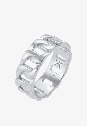 Sidabrinė žiedas su susipynusiais grandinės žiedais, su išpjautomis dalimis, poliruotais paviršiais ir pažymėtas "925", nurodančiu sidabrą.