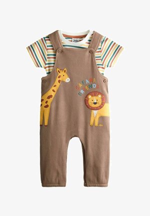 Rudos kūdikio kombinezonas su žirafos ir liūto aplikacijomis ir užrašu „Safari draugai“, derinamas su dryžuota trumpomis rankovėmis marškinėliais.