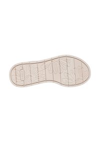 Semelle de chaussure beige clair présentant des motifs floraux de marguerites, des rainures texturées pour l'adhérence, et le texte "BOBS" embossé sur la surface.