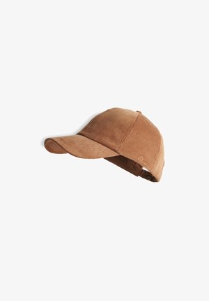 Braune Cord-Baseballkappe mit gebogenem Schirm und verstellbarem Riemen, gezeigt vor weißem Hintergrund.
