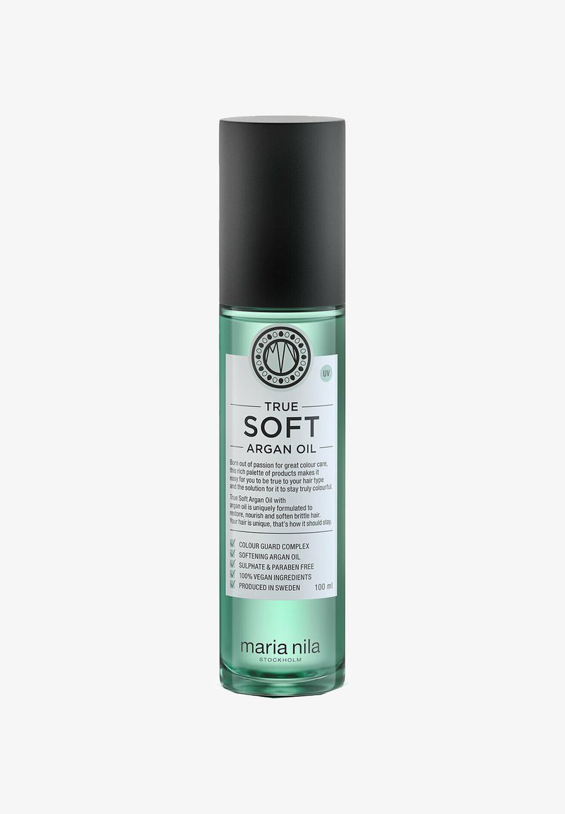 True Soft Olio di Argan in bottiglia trasparente verde con tappo nero, etichettato per la cura dei capelli, vegano, senza solfati né parabeni, 100 ml di Maria Nila.