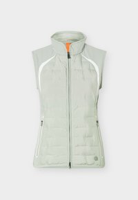 Svetlo siva brezrokavnik z visokim ovratnikom, sprednjo zadrgo, dvema stranskima žepoma z zadrgama in belimi ukrivljenimi detajli na ramenih.