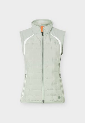 Ανοιχτό γκρι γιλέκο χωρίς μανίκια με επένδυση, ψηλό γιακά, μπροστινό φερμουάρ, δύο πλαϊνές τσέπες με φερμουάρ και λευκές καμπυλωτές λεπτομέρειες στους ώμους.