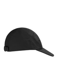 Schwarze Kappe mit runder Form und kurzem, gebogenem Schirm. Hergestellt aus leichtem Material mit verstellbarem Riemen hinten.