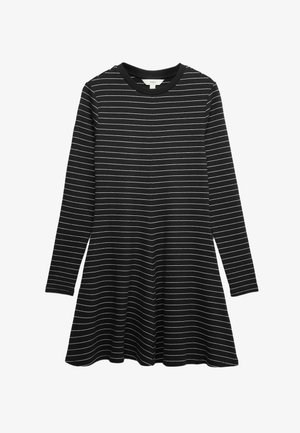 Jurkje met lange mouwen van zwarte stof met witte horizontale strepen, voorzien van een ronde hals en een A-lijn vorm.