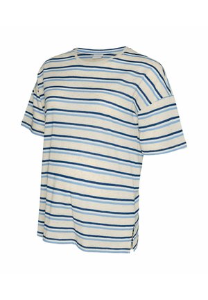 Bawełniana koszulka z krótkim rękawem z poziomymi niebiesko-białymi paskami, okrągłym dekoltem i rozcięciem po bokach.